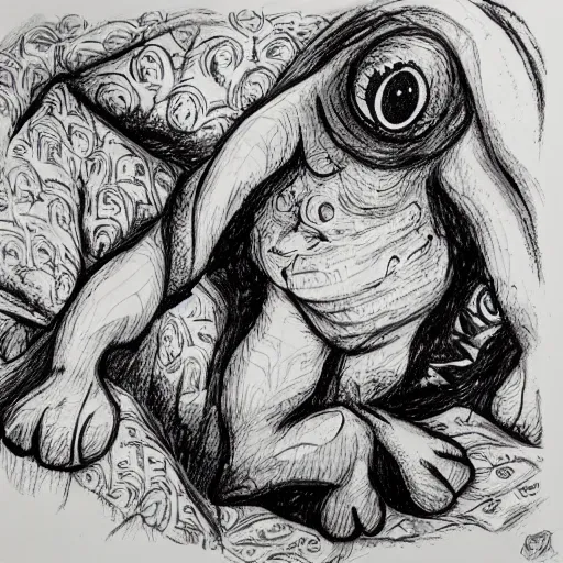 Image similar to Monster in bed, ink drawing,