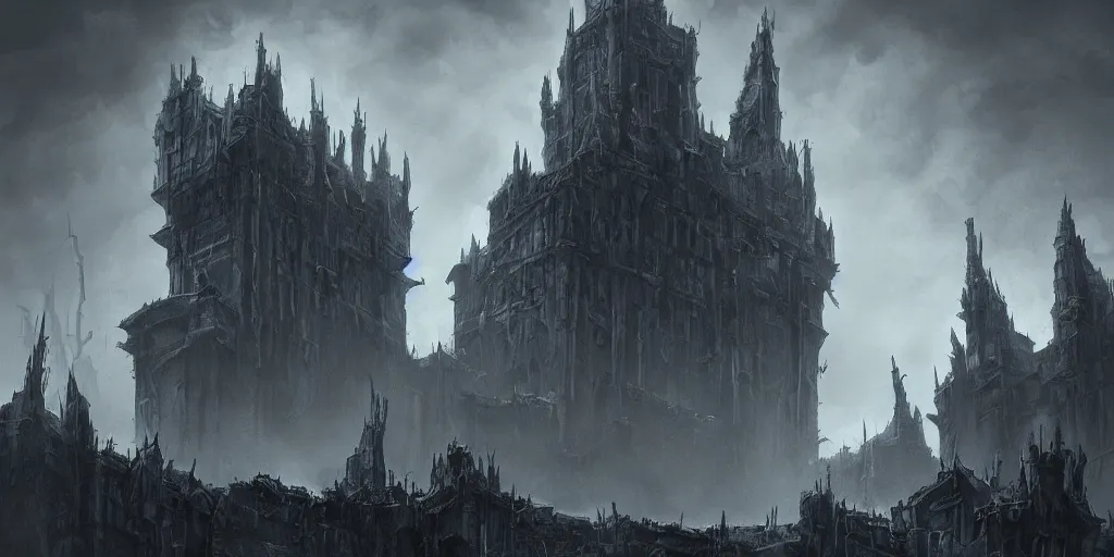 Prompt: grimdark fantasy fortress, terrifying architecture, looming, dark, fog, dark souls, artstation