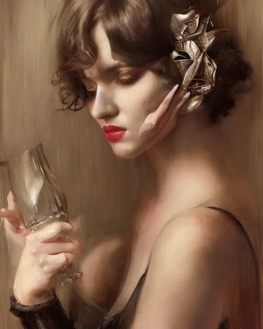 Image similar to daniel gerhartz and tom bagshaw close portrait digital painting of a 1 9 2 0 s beautiful woman at a party in a mansion, beautiful woman by artgerm and wlop, strong contrast, unreal engine, hyper realism, realistic shading, cinematic composition, realistic render, octane render, detailed textures, photorealistic, ultrawide shot, 3 5 mm film