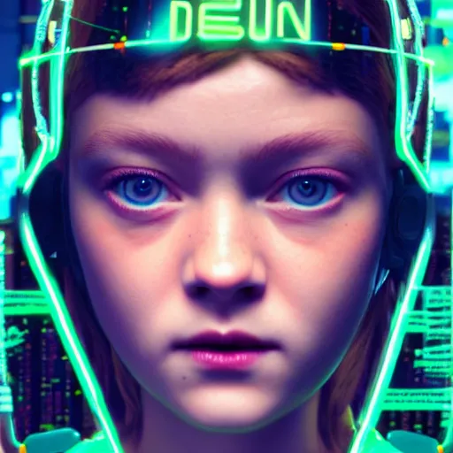 Image similar to Sadie Sink portrait, Cyberpunk 2077, ultra photorealistic, cybernetic body parts, neon, octane, bokeh, 8k