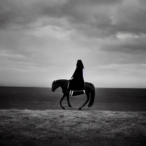 Prompt: A young lady with a black cloak is riding a dark horse from distance, Kodak TRI-X 400, dark mood, melancholic