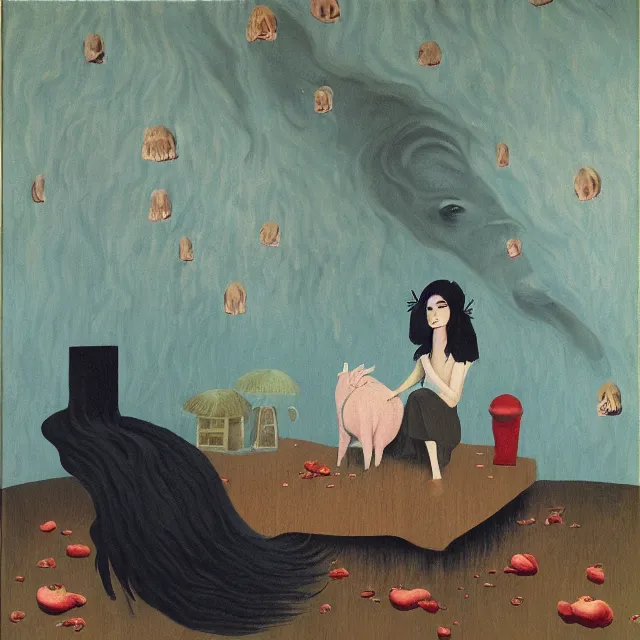 Image similar to tall female emo artist holding a pig in her flooded apartment, mushrooms, octopus, water gushing from ceiling, painting of flood waters inside an artist's apartment, a river flooding indoors, pomegranates, pigs, ikebana, zen, river, rapids, waterfall, black swans, canoe, berries, acrylic on canvas, surrealist, by magritte and monet