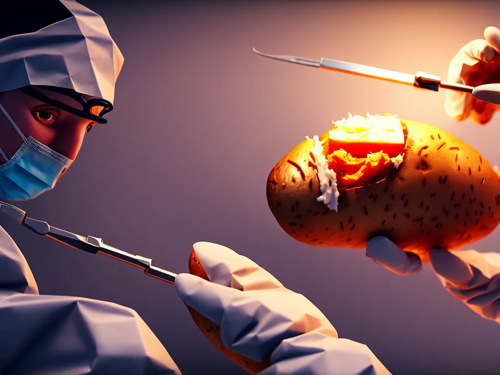 Prompt: surgeon operating on a baked potato, science fiction industrial hard science concept art, 8K render octane high definition cgsociety, photorealistic, unreal engine