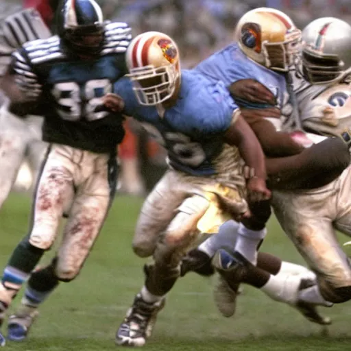 Prompt: barry sanders juking through a horde of zombies