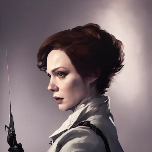 Prompt: portrait of christina hendricks in dishonored 2, painted by greg rutkowski, painted by stanley artgerm, painted by igor kieryluk, digital art, promotional art, trending on artstation