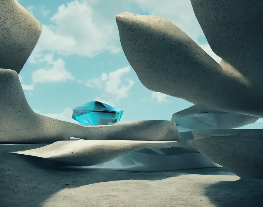 Prompt: transitions between flying rocks. minimalist architecture, zaha hadid, oscar niemeyer, architectural rendering. trending on artstation. vogue magazine. halo. octane rendering, cinematic, hyperrealism, bokeh. iridescent accents. teal gold and blue color scheme