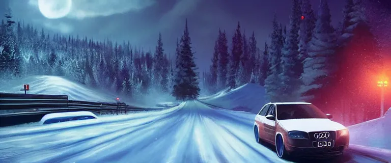 Image similar to Audi A4 B6 Avant (2002), a gritty neo-noir, dramatic bright lighting, cinematic, establishing shot, extremely high detail, photorealistic, cinematic lighting, artstation, by simon stalenhag, Snowy japanese mountain road, Palmont City canyons, At night