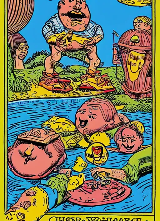 Image similar to dadcore wizards on vacation by basil wolverton and robert crumb in the style of a garbage pail kids card, tarot card, play - doh