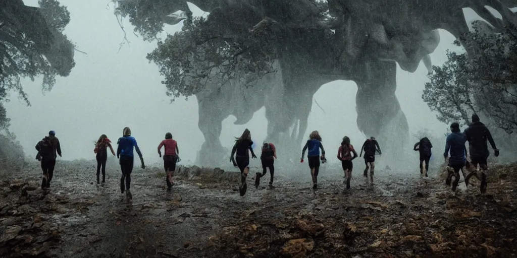 Image similar to A hiking group running away from an ancient eldritch monster, horror movie cinematic, rain stormy fog, terrifying nightmare