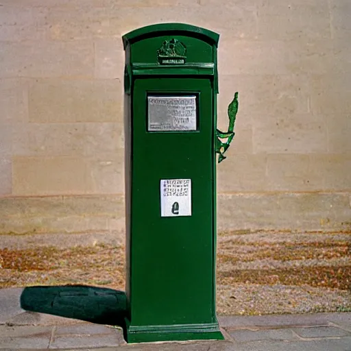 Prompt: green skin man stand by a postbox, by salvador dali