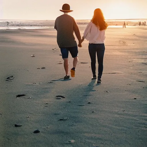 Prompt: a candid style photography of people walking on an Oregon beach, natural lighting, golden hour, well lit, Kodak gold 200 film, trending on instagram