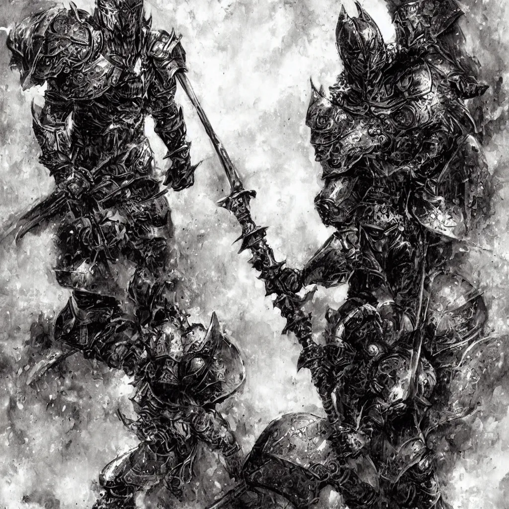 Prompt: a gritty fantasy knight in heavy iron armor holding a large staff, comic book art, fantasy, oil painting, art by jim lee,, dark, moody, dramatic,