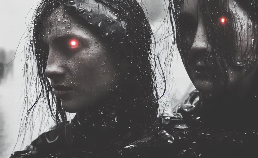 Image similar to cinestill 5 0 d candid photographic portrait by christopher nolan of two loving female androids wearing rugged black mesh techwear in treacherous waters, extreme closeup, modern cyberpunk moody emotional cinematic, pouring rain, 8 k, hd, high resolution, 3 5 mm, f / 3 2, ultra realistic faces, ex machina