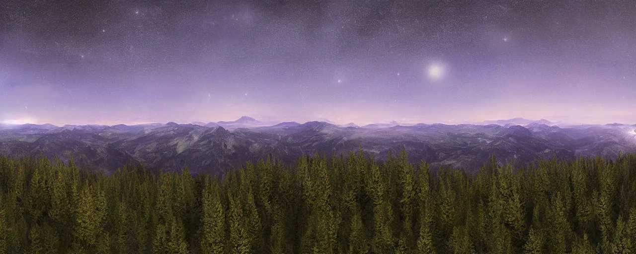 Prompt: a beautiful Landscape at midnight at the mountains viewed from above a forest, extreme long shot, wide angle, by Michael B Karas and Isaac Levitan, conceptart, illustration, high detailed 8K, realistic lighting