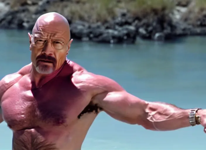 Image similar to film still of walter white as dwayne johnson in baywatch movie 2 0 1 7, 8 k