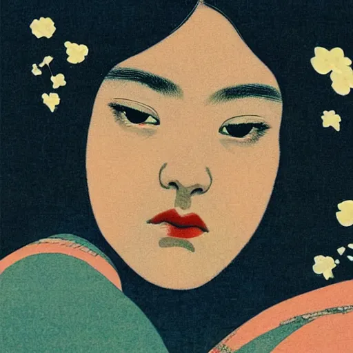 Prompt: “ florence pugh portrait by ikenaga yasunari and ayana otake and ko rakusui, 6 0 s poster, drawing, realistic, sharp focus, japanese, dreamy, nostalgia, faded, golden hues, floral clothes ”