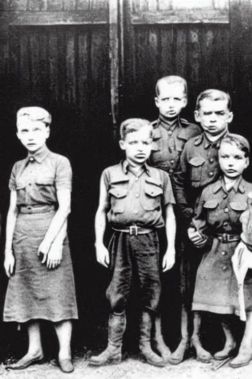 Image similar to children of a stalin and a pig historical photo in color