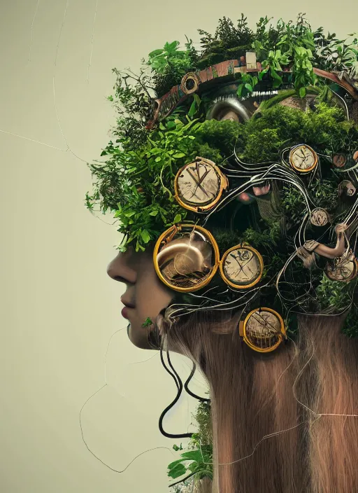 Image similar to goddess of technology in the forest, covered with plants and mushrooms, hair made of cords and wires, electricity, beautiful symmetrical face, steampunk, one head, a lot of jewellery, gold, earrings, gears - mystical forest - octane render, 8 k, cinematic light