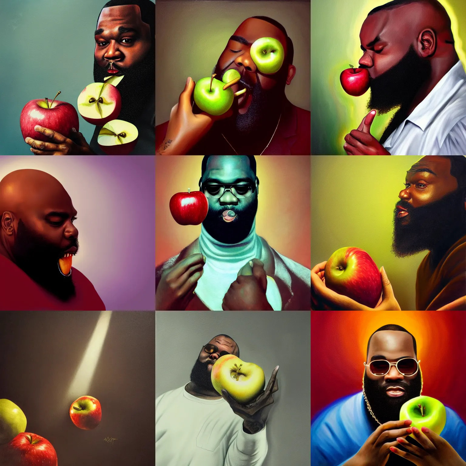 Prompt: Surreal Painting of Rick Ross eating an Apple, Dramatic, Volumetric Lighting, Digital Art Trending on Artstation, full body, beauty, holy, sacred, seductive, purity