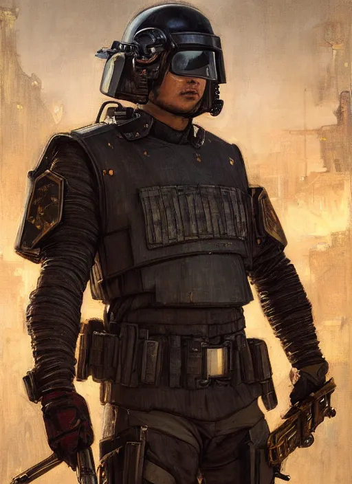 Image similar to gengis khan. cyberpunk police trooper in a military vest ( blade runner 2 0 4 9, cyberpunk 2 0 7 7 ). orientalist portrait by john william waterhouse and james gurney and theodore ralli and nasreddine dinet, oil on canvas. cinematic, hyper realism, realistic proportions, dramatic lighting, high detail 4 k