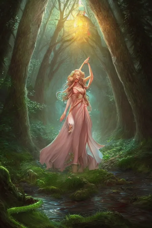 Prompt: woman woshiping god in dreamy forest, fantasy, 8 k resolution, hyper detailed, d & d, character design, digital painting, trending on artstation, sharp focus, illustration, art by artgerm, steve zheng, fuji choko, viktoria gavrilenko, hoang lap