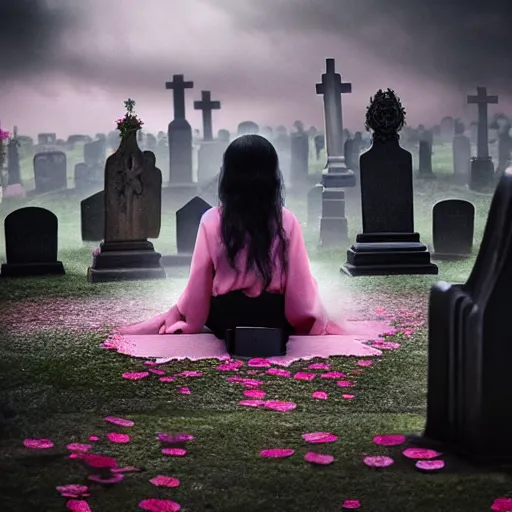 Image similar to cloudy cemetary with pink petals on the floor, goth woman sitting down, intricate details, complementary lighting, detailed face, backlighting, octane render, raytraced, depth of field, beautiful face, extremely detailed, trending in artstation, focus on face, sharp focus, radiant light, beautiful composition, yihao ren, zochi, zero - hour, jean paul fiction