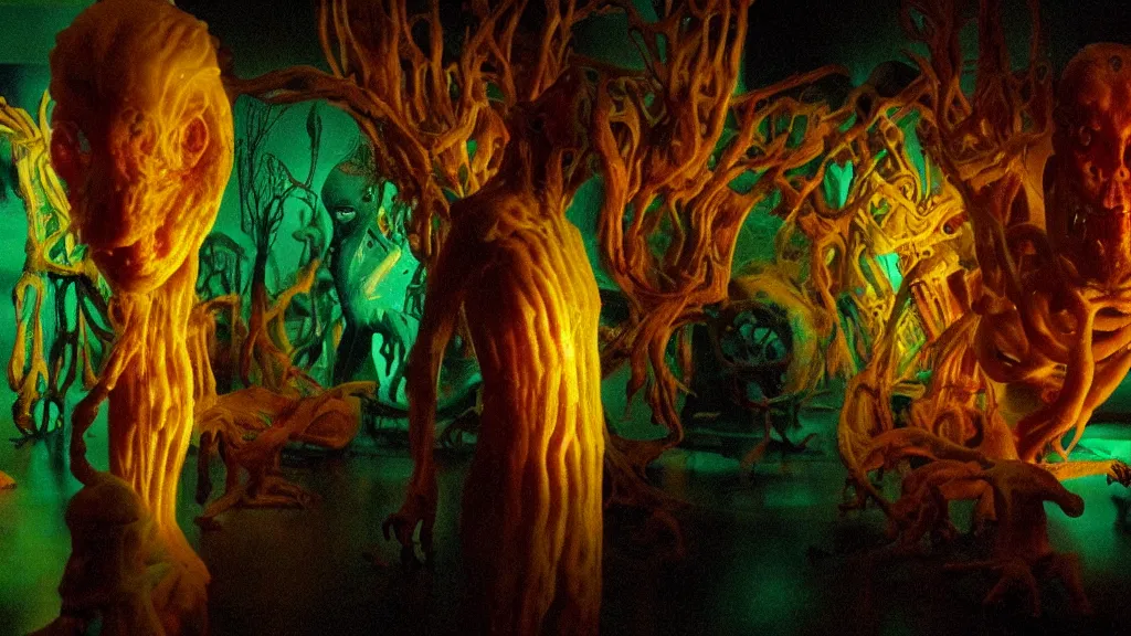 Image similar to museum of strange creatures, made of glowing oil, film still from the movie directed by denis villeneuve and david cronenberg with art direction by salvador dali and dr. seuss