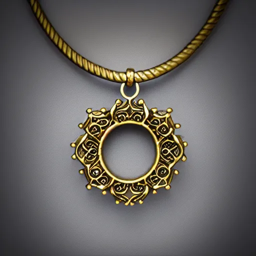 Image similar to intricate!! nordic ring and necklace and ear, silver and gold and diamond, isolated on a dreamy background. flowers in the background, refraction, occlusion, filigree, lower and upper levels, keyshot render, octane render, vray render