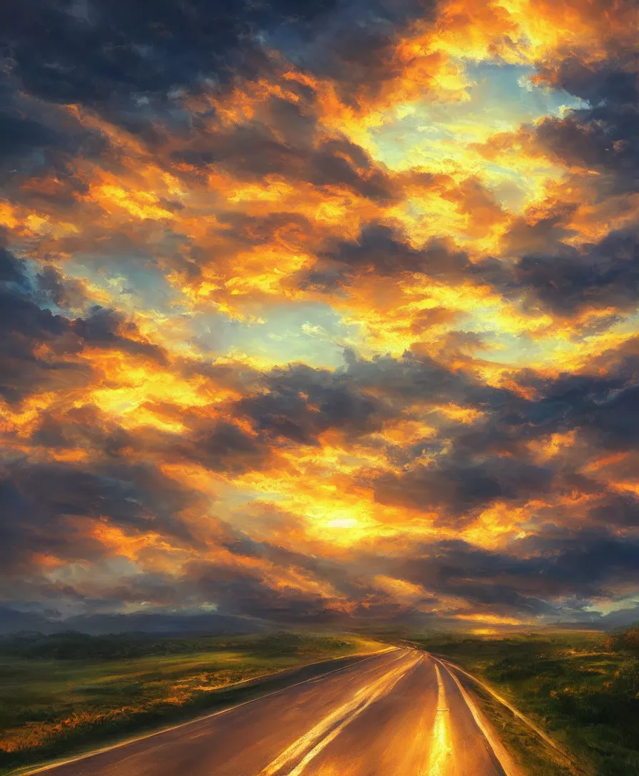 Prompt: Road sunset oil painting beautiful artstation realistic 4k 8k clouds breathtaking concept art matte painting