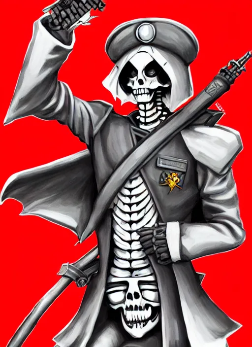 Image similar to shin megami tensei art of a demon that is a skeleton soviet!! soldier!! from 1 9 2 0 s wearing a budenovka!!! with a red star!!, art by kazuma kaneko, demonic! compedium!, law aligned, digital drawing, white background, very high quality, very highly detailed