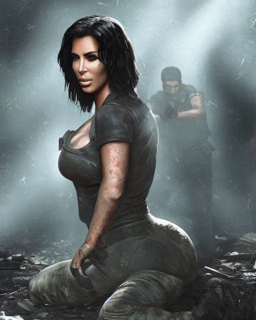 Image similar to A photo still of kim kardashian being held on the ground by zombies in resident evil, highly detailed, artstation, concept art, sharp focus, illustration, cinematic lighting, wide-shot.