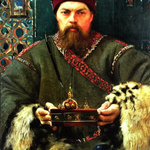 Image similar to portrait of medieval russian tsar in Cap of Monomakh sitting and holding iphone smartphone cellular masterpiece painting by vasnetsov and surikov serov, JEAN-VICTOR BERTIN, by Terence Cuneo, detailed, artfully traced, 4k resolution, cinematic, dramatic