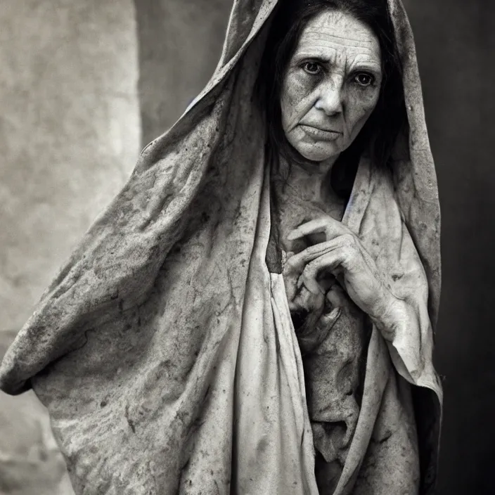 Prompt: closeup portrait of a sad woman with a cloak made of stone, standing in a busy messy kitchen, by Annie Leibovitz and Steve McCurry, natural light, detailed face, CANON Eos C300, ƒ1.8, 35mm, 8K, medium-format print