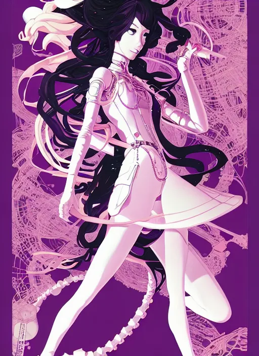 Image similar to tomer hanuka highly detailed terada katsuya artstation minaba hideo fantastic fate shigenori soejima manga poster of princess mechine, long hair, armor, dress, laces, ruffles, 8 k, fluorescent, maximalist, jump comics, art nouveau