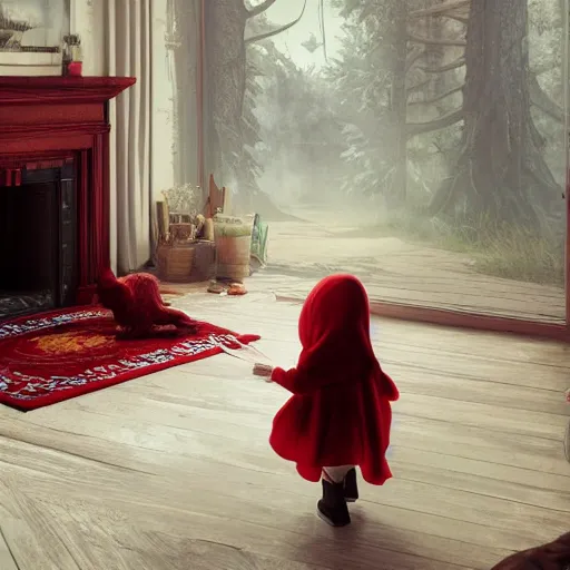 Image similar to big bad wolf and red riding hood talking in grandma’s living room, 3d scene, render, ultra realistic, zenith view, Greg Rutkowski, artstation, cgsociety, unreal engine, 3d scene, render, ultra realistic