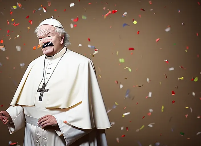 Image similar to photo still of rip taylor as the pope!!!!!!!! at age 5 4 years old 5 4 years of age!!!!!!! throwing confetti from a bucket at church, 8 k, 8 5 mm f 1. 8, studio lighting, rim light, right side key light