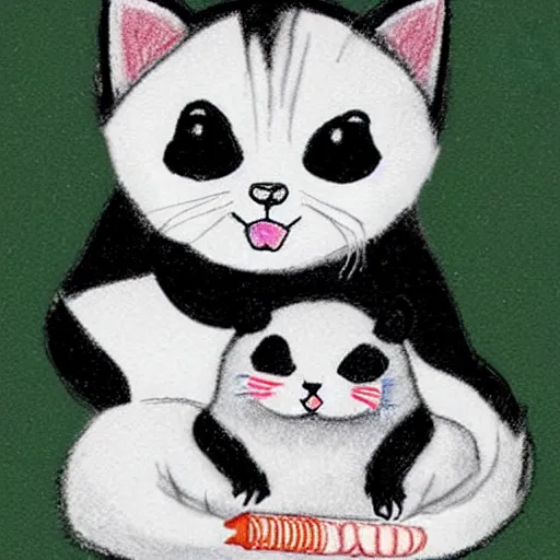 Prompt: child drawning of a cute kitten with panda body and cat face, crayon