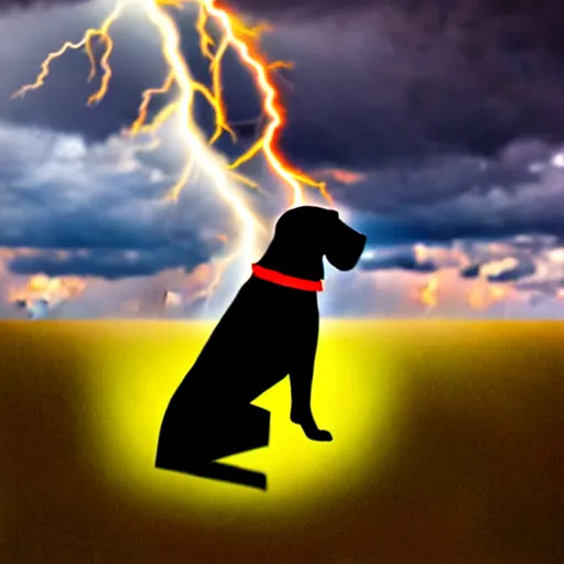 Prompt: a canine thor holding thor's hammer in its paw, dramatic lightning background, flying