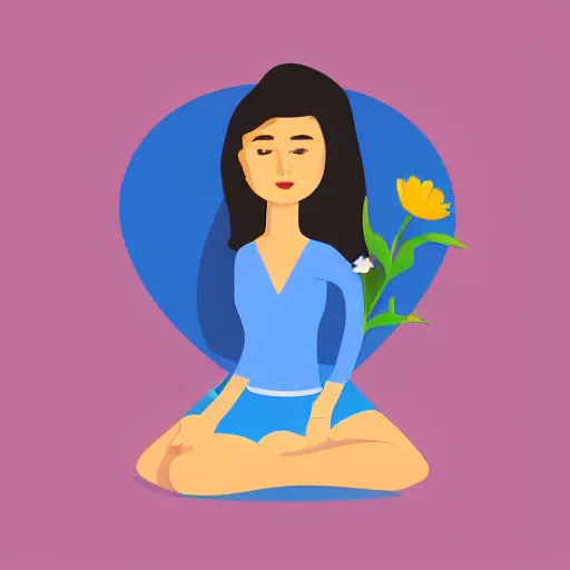 Prompt: a woman sitting on top of a giant flower, flat design, flat colors