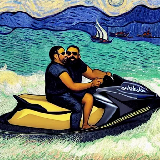 Image similar to Obama and DJ Khaled riding a jet ski, by Van Gogh