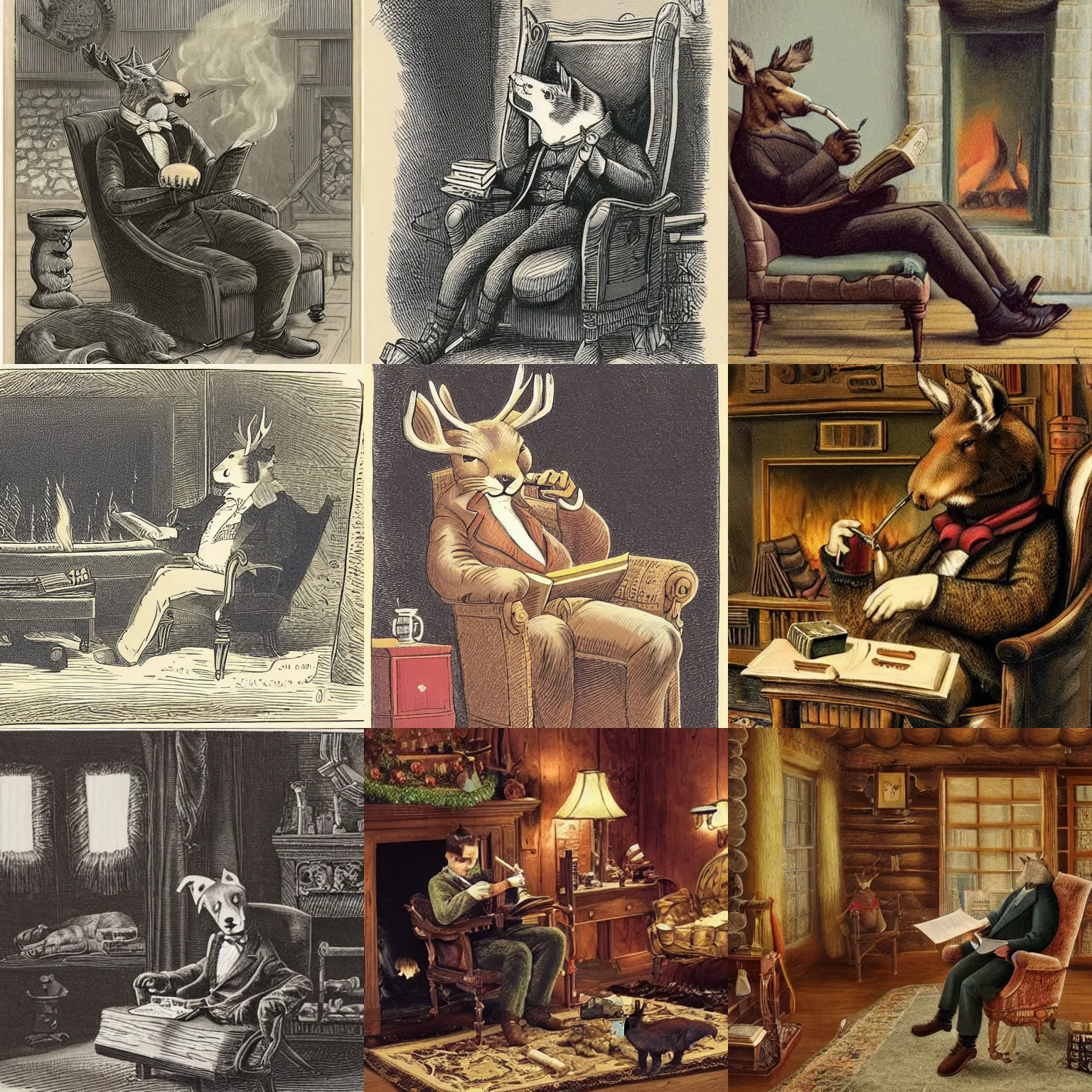 Prompt: a linx leisurely smoking a pipe while reading a leatherbound tome in a victorian high backed chair, log cabin, fireplace, human pet curled up by the fire, a rug in the shape of a moose,