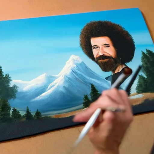 Image similar to a closeup photorealistic photograph of bob ross working on a canvas painting of marilyn manson. happy trees, mountain scape. film still. brightly lit scene. this 4 k hd image is trending on artstation, featured on behance, well - rendered, extra crisp, features intricate detail, epic composition and the style of unreal engine.