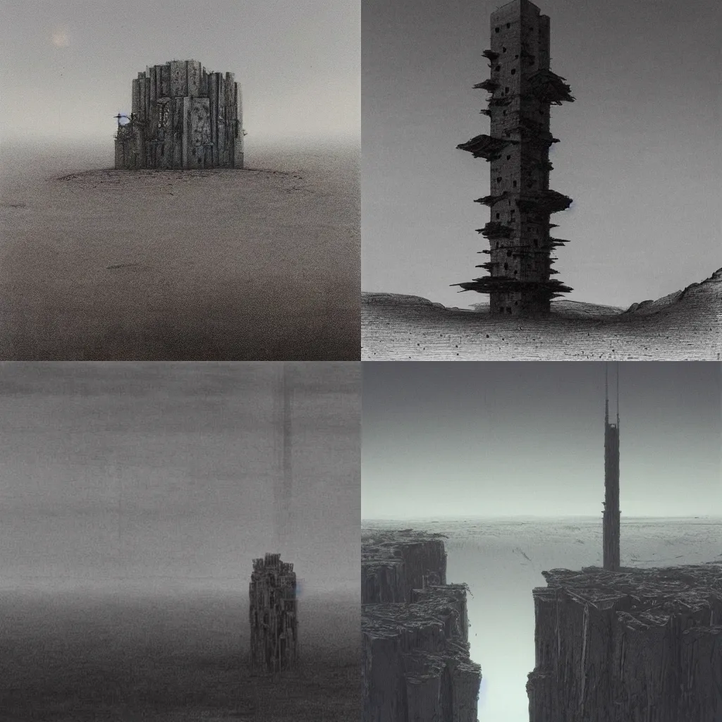 Prompt: a desolate landscape with a lonely looming brutalist tower in the center, drawn by tsutomu nihei and painted by zdzislaw beksinski
