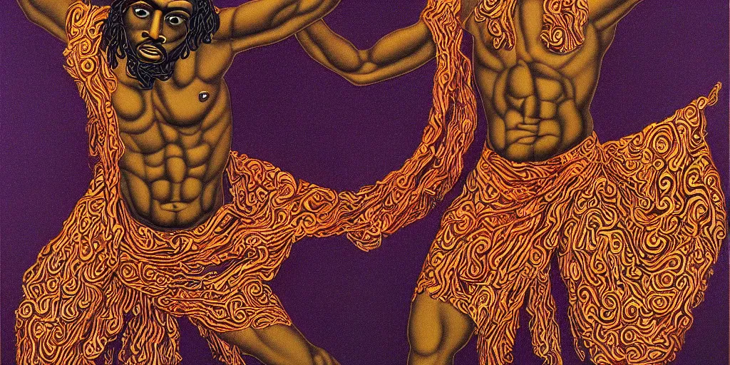 Image similar to an abstract spiritual background, portrait of a virile dark - skinned greek god dancing. 2 4 mm, photorealistic, muted color scheme, directed by mati klarwein