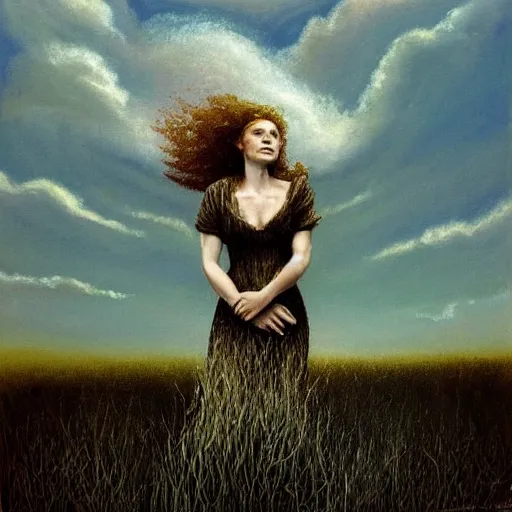 Image similar to The painting depicts a woman standing in a field of ashes, her dress billowing in the wind. Her hair is wild and her eyes are closed, and she seems to be in a trance-like state. The painting is dark and atmospheric, and the ashes in the field seem to be almost alive, swirling around. high-key lighting by Ken Kelly