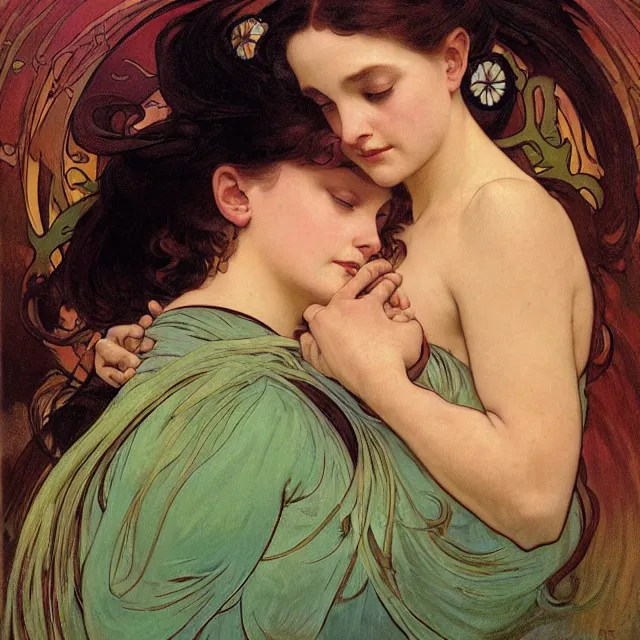 Image similar to an aesthetic! detailed portrait of an aesthetic woman crying mournfully while cradling a child, by frank frazetta and alphonse mucha, oil on canvas, bright colors, art nouveau, epic composition, dungeons and dragons fantasy art, hd, god - rays, ray - tracing, crisp contour - lines, huhd - 8 k