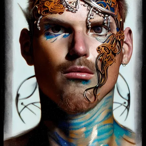 Image similar to an award finning closeup facial portrait by akseli kallen gallela luis rogyo and john howe of a bohemian male cyberpunk traveller clothed in excessivelyg fashionable 8 0 s haute couture fashion and wearing ornate art nouveau body paint