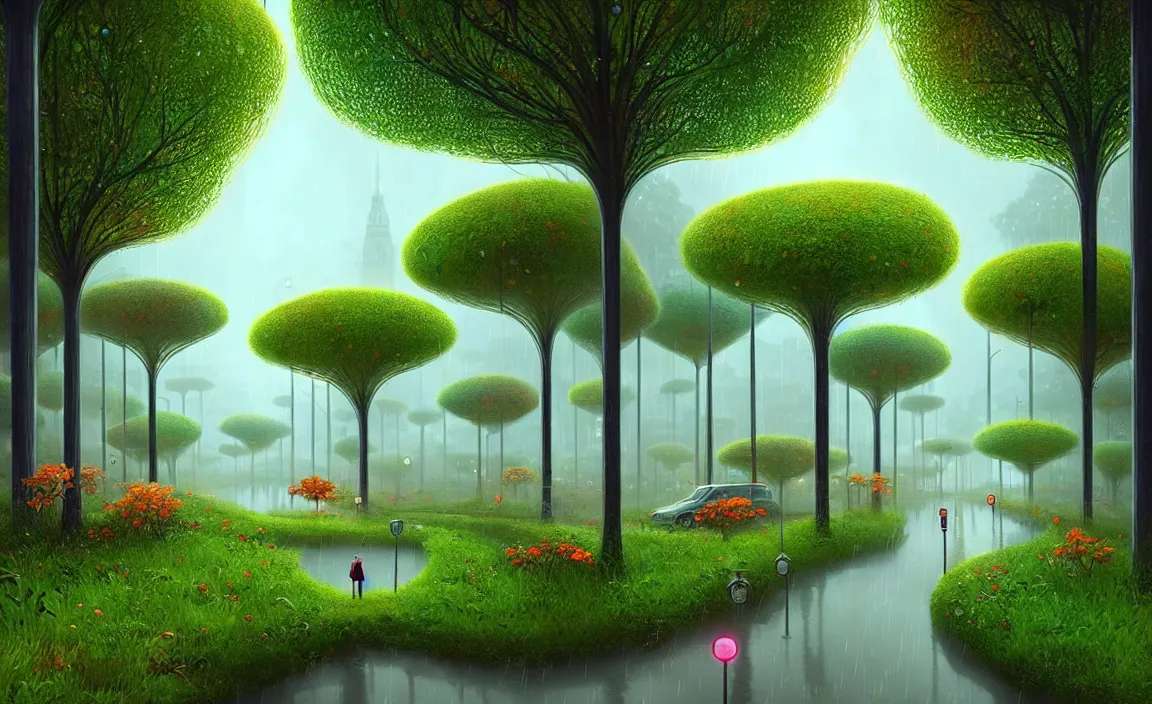 Image similar to Beautiful city of the future, overgrown with trees and plants. Raining at night with light pole illuminate the patch, Nice colour scheme, warm colour. Beautiful artistic digital artwork by artist Lurid. (2022), Gediminas Pranckevicius