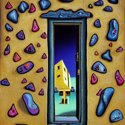 Image similar to a vivid surrealist painting of a melting, gooey, stone building with a door and windows, made out of melting ice cream. on a hill in the mountains and forest on a scorching hot day, in the style of dali