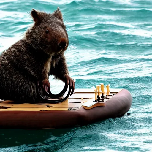 Prompt: wombat playing chess whilst drifting on a raft on a very stormy seas with waves